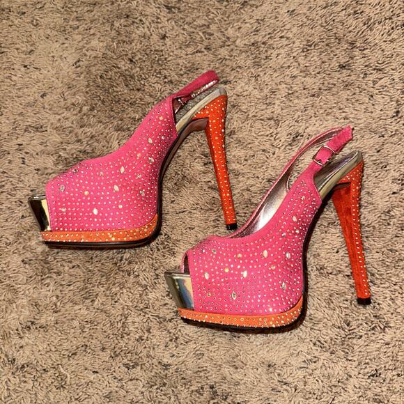 NEW Sparkly SATIN HOT PINK RHINESTONES Open Toe Platform Stiletto Heels Shoes 8 - Picture 7 of 7
